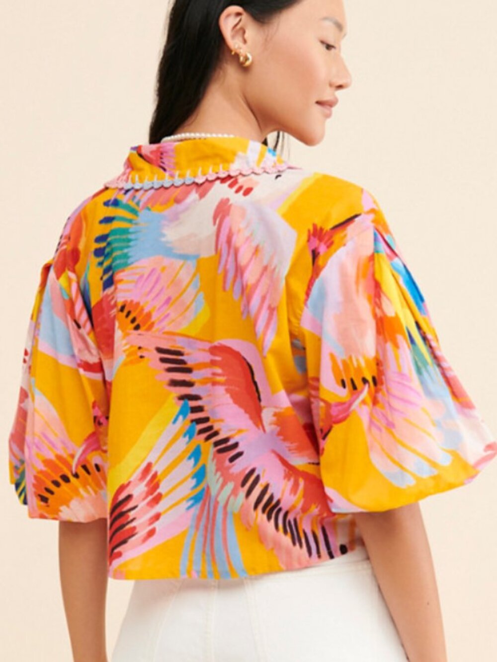 Farm Rio Neon Macaws Collar Puff-Sleeve Blouse - Picture 3 of 3